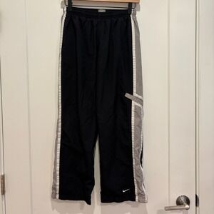 Vintage Retro Nike Boys Track Pants Black Grey White Striped Windbreaker L 14-16